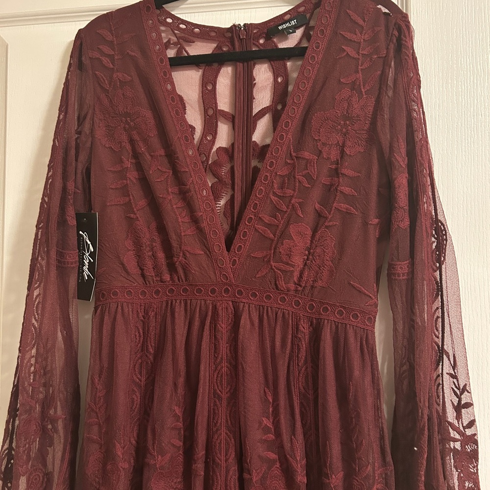 Windsor Burgundy Lace Long-Sleeve V-Neck Dress